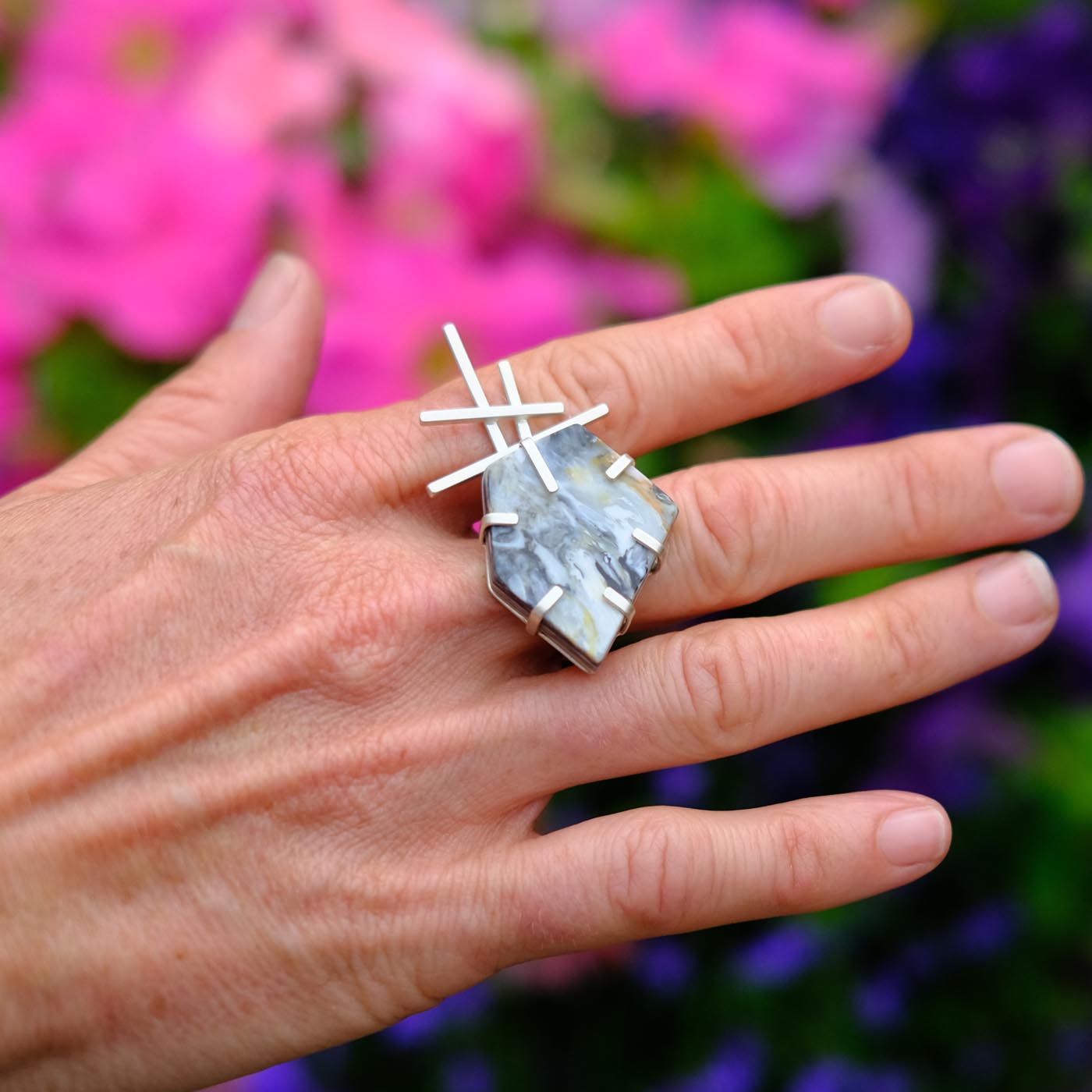 Large Ring in Recycled Silver and Marbled Plastic